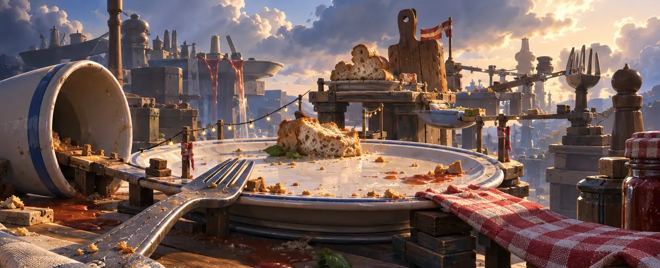 A wide stone plaza floating above the clouds, built from scrap and timber, with a lit arch in the distance.