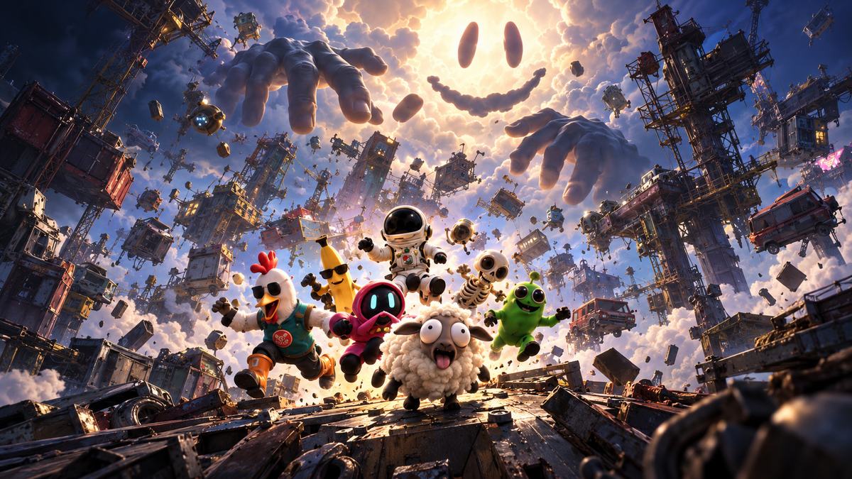 Key art for GOD IS BORED: a giant smiling face and two hands made of cloud fill the sky above a floating junkyard, while seven small characters leap toward the viewer.